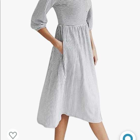 MEROKEETY Women's 3/4 Balloon Sleeve Striped High Waist Dress with pockets - Picture 6 of 11